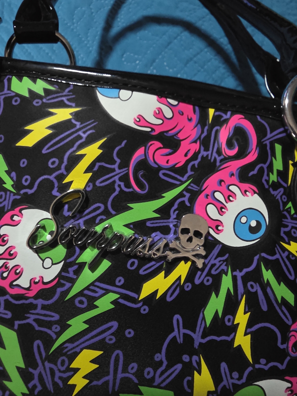 SOURPUSS Cupcakes and Zombies Black Neon Eyeball Print Shoulder Bag